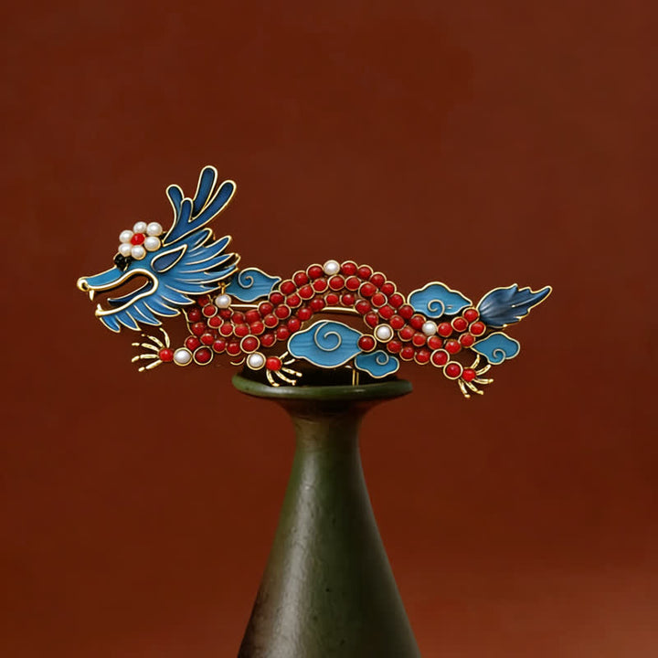 Buddha Stones Blue Dragon Red Turquoise Luck Brooch - Blue Dragon 7.4*3.3cm - image 0