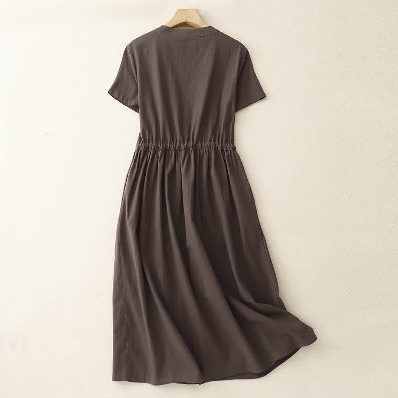 Buddha Stones Summer Minimalist Button-Up Drawstring Solid Women's Short Sleeve Dress With Pockets - image 1