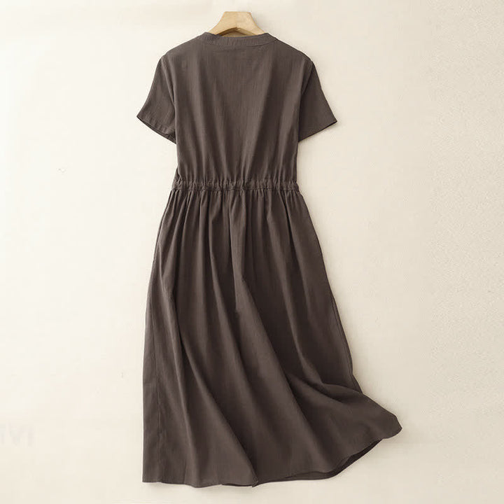 Buddha Stones Summer Minimalist Button-Up Drawstring Solid Women's Short Sleeve Dress With Pockets - image 1
