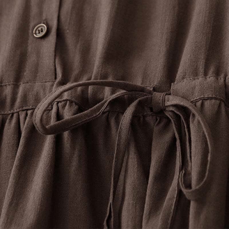 Buddha Stones Summer Minimalist Button-Up Drawstring Solid Women's Short Sleeve Dress With Pockets - image 3