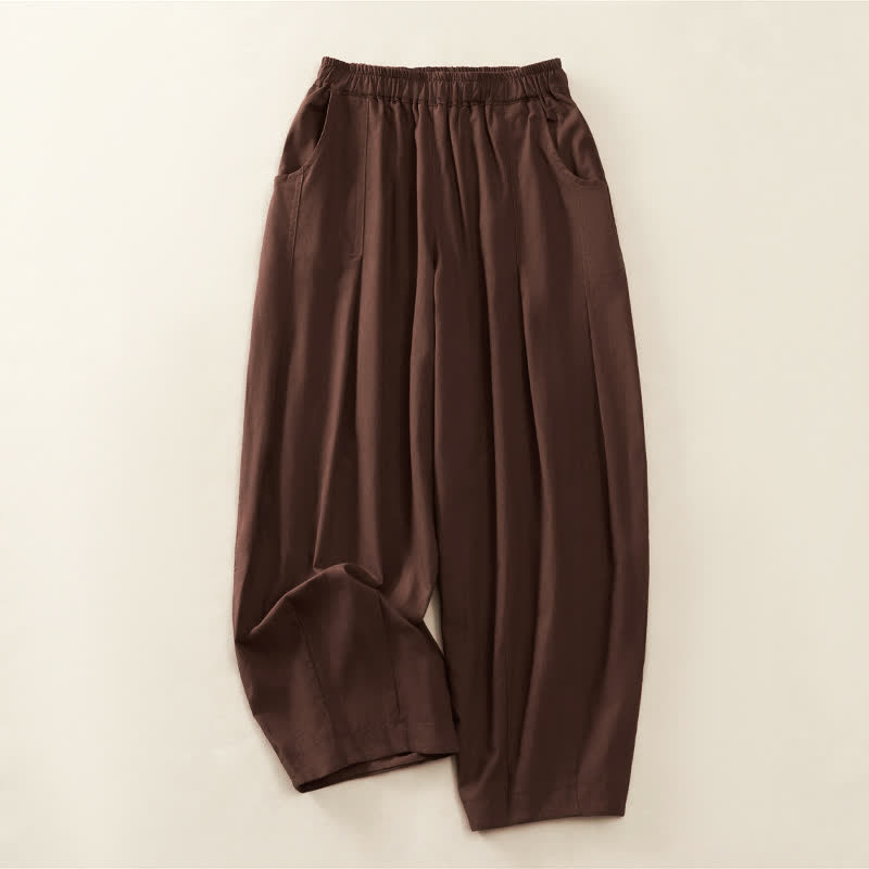 Buddha Stones Spring Casual Elastic Waist Pleated Solid Women's Harem Pants With Pockets - SaddleBrown - US8-10，UK/AU12-14，EU40-42 (2XL) - image 0