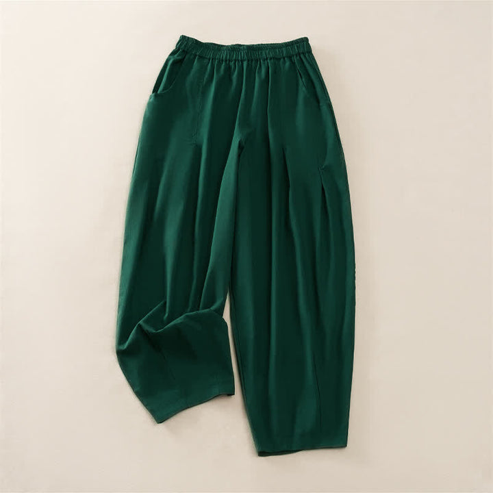 Buddha Stones Spring Casual Elastic Waist Pleated Solid Women's Harem Pants With Pockets - ForestGreen - US8-10，UK/AU12-14，EU40-42 (2XL) - image 7