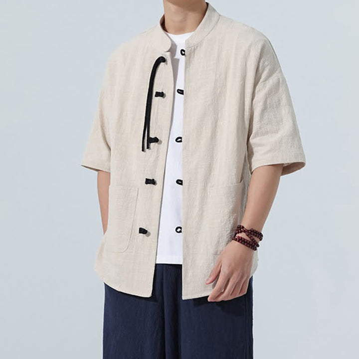 Buddha Stones Summer Casual Mandarin Collar Frog Button Solid Men's Short Sleeve Shirt With Pockets - image 2