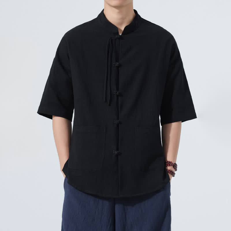 Buddha Stones Summer Casual Mandarin Collar Frog Button Solid Men's Short Sleeve Shirt With Pockets - Black - US/UK/AU48，EU58(5XL) - image 11