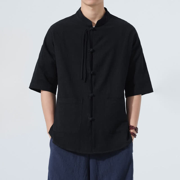 Buddha Stones Summer Casual Mandarin Collar Frog Button Solid Men's Short Sleeve Shirt With Pockets - Black - US/UK/AU48，EU58(5XL) - image 11