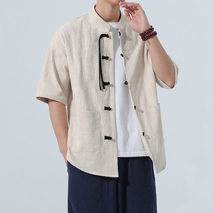 Buddha Stones Summer Casual Mandarin Collar Frog Button Solid Men's Short Sleeve Shirt With Pockets - image 5