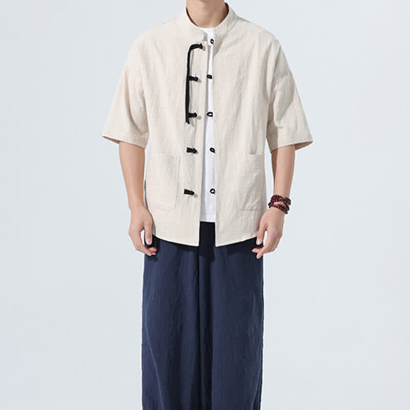 Buddha Stones Summer Casual Mandarin Collar Frog Button Solid Men's Short Sleeve Shirt With Pockets - image 6