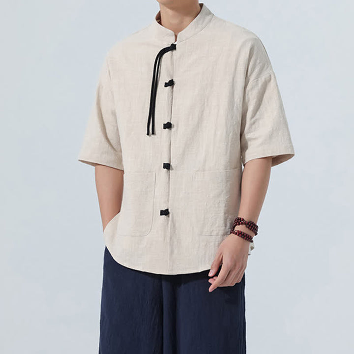 Buddha Stones Summer Casual Mandarin Collar Frog Button Solid Men's Short Sleeve Shirt With Pockets - image 1