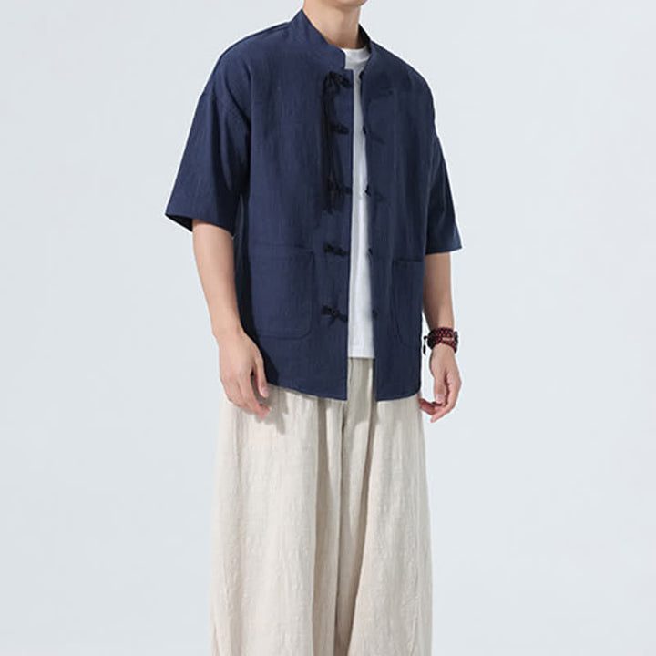Buddha Stones Summer Casual Mandarin Collar Frog Button Solid Men's Short Sleeve Shirt With Pockets - image 18