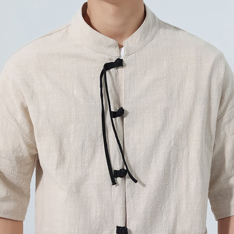 Buddha Stones Summer Casual Mandarin Collar Frog Button Solid Men's Short Sleeve Shirt With Pockets - image 8