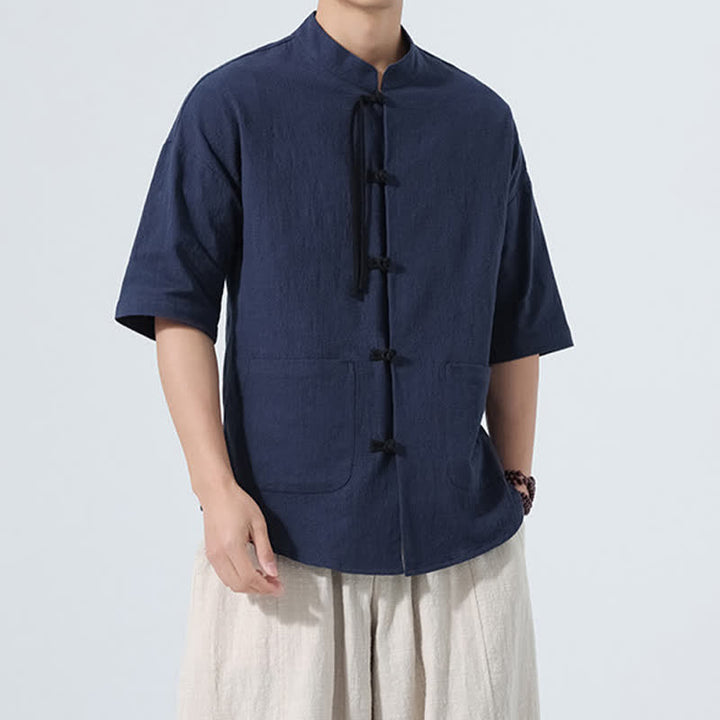 Buddha Stones Summer Casual Mandarin Collar Frog Button Solid Men's Short Sleeve Shirt With Pockets - image 19