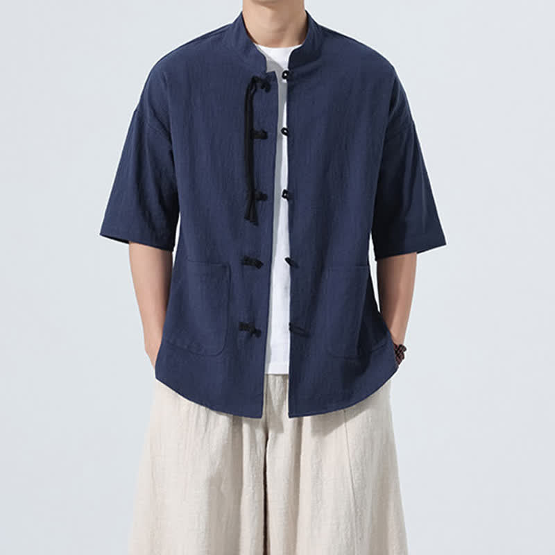 Buddha Stones Summer Casual Mandarin Collar Frog Button Solid Men's Short Sleeve Shirt With Pockets - image 17