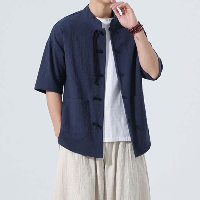 Buddha Stones Summer Casual Mandarin Collar Frog Button Solid Men's Short Sleeve Shirt With Pockets - image 22