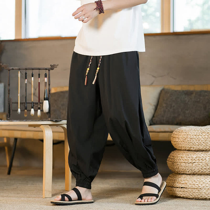 Buddha Stones Summer Casual Drawstring Elastic Hem Solid Men's Harem Pants With Pockets - image 11