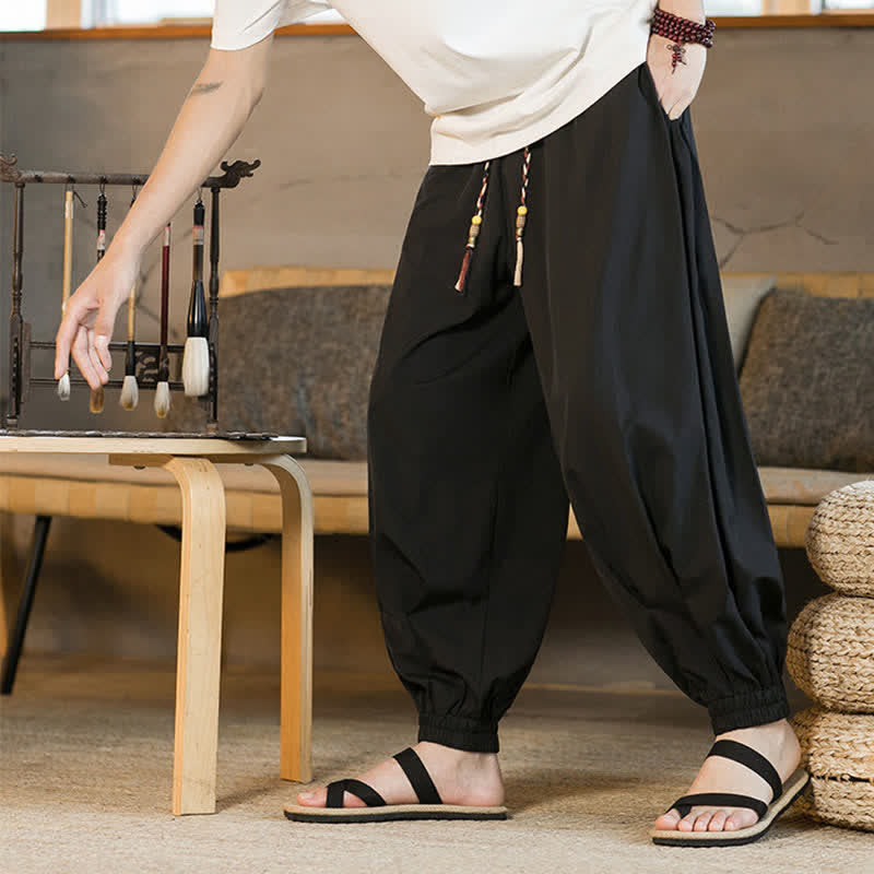 Buddha Stones Summer Casual Drawstring Elastic Hem Solid Men's Harem Pants With Pockets - Black - US/UK/AU46，EU56 (5XL) - image 4