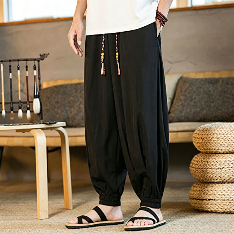 Buddha Stones Summer Casual Drawstring Elastic Hem Solid Men's Harem Pants With Pockets - image 5