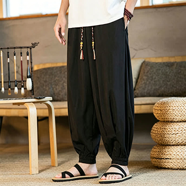 Buddha Stones Summer Casual Drawstring Elastic Hem Solid Men's Harem Pants With Pockets - image 5