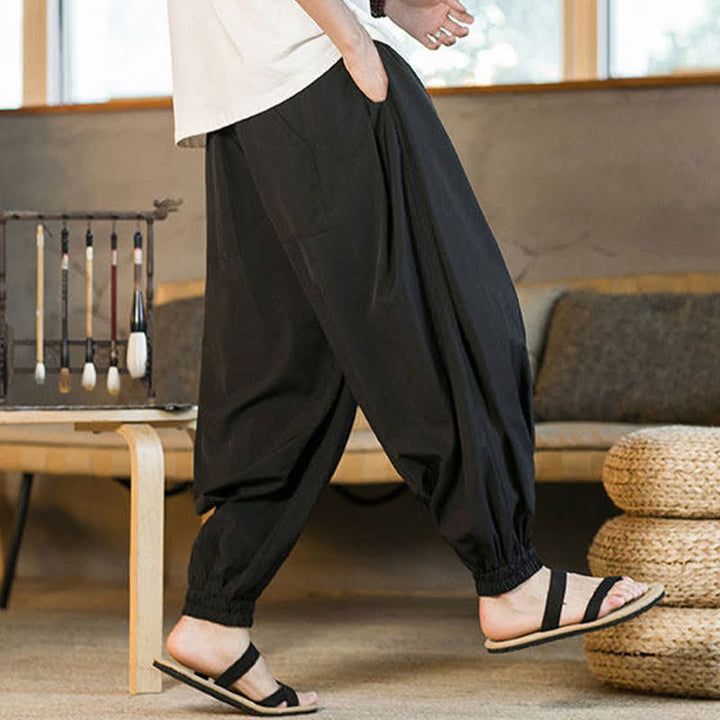 Buddha Stones Summer Casual Drawstring Elastic Hem Solid Men's Harem Pants With Pockets - image 16