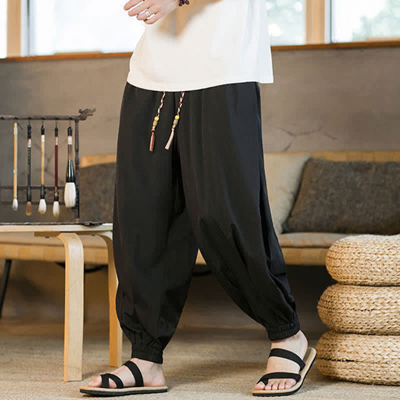 Buddha Stones Summer Casual Drawstring Elastic Hem Solid Men's Harem Pants With Pockets - image 9