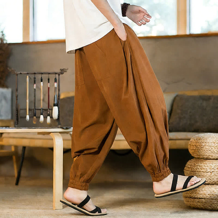 Buddha Stones Summer Casual Drawstring Elastic Hem Solid Men's Harem Pants With Pockets - image 3