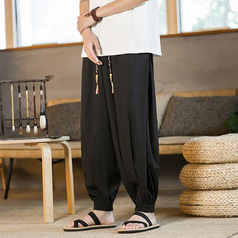 Buddha Stones Summer Casual Drawstring Elastic Hem Solid Men's Harem Pants With Pockets - image 7