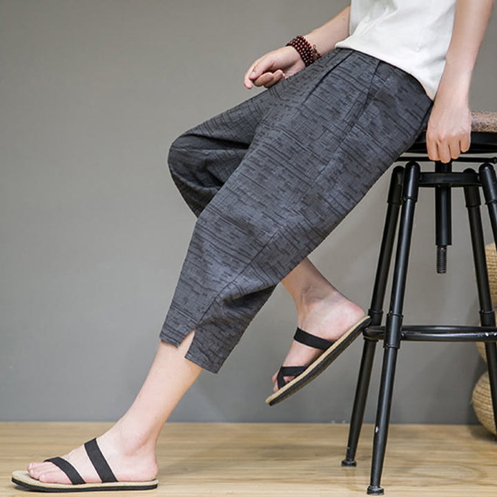 Buddha Stones Summer Minimalist Side Slit Solid Men's Harem Three-Quarter Pants With Pockets - image 6