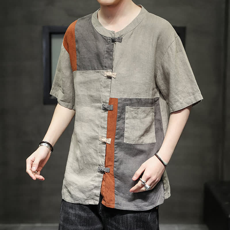 Buddha Stones Summer Vintage Frog Button Patchwork Design Men's Short Sleeve Shirt - image 7