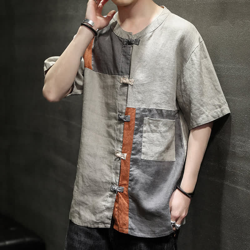 Buddha Stones Summer Vintage Frog Button Patchwork Design Men's Short Sleeve Shirt - image 6