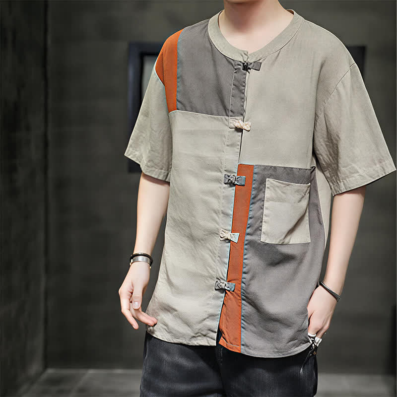 Buddha Stones Summer Vintage Frog Button Patchwork Design Men's Short Sleeve Shirt - image 3