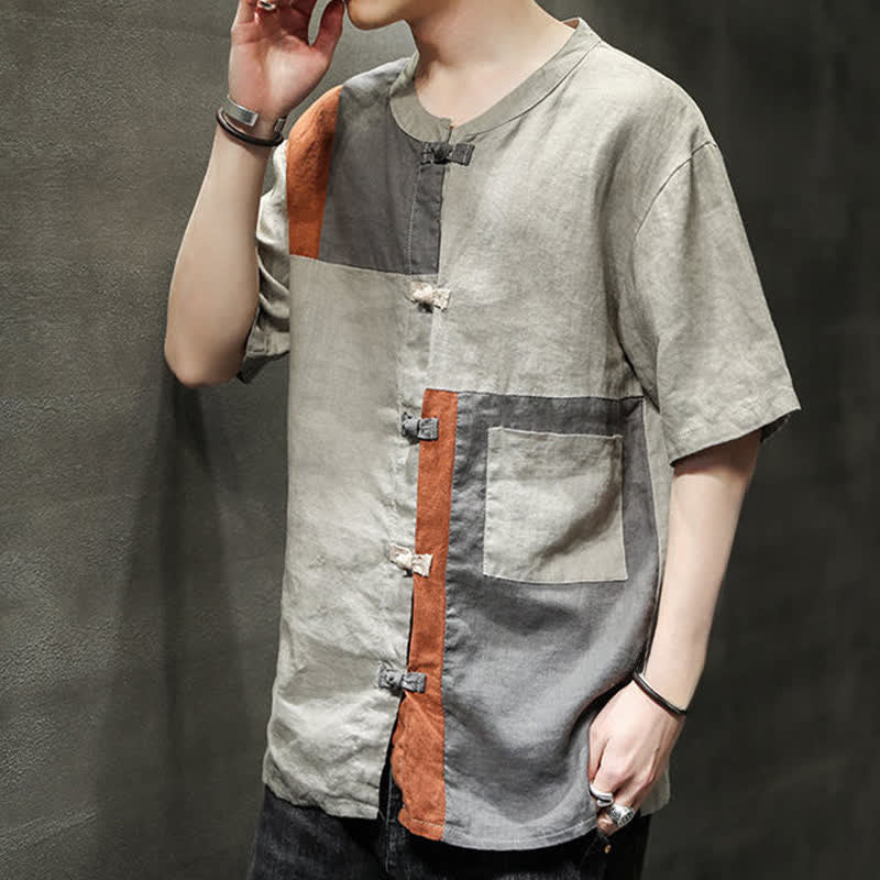 Buddha Stones Summer Vintage Frog Button Patchwork Design Men's Short Sleeve Shirt - image 4