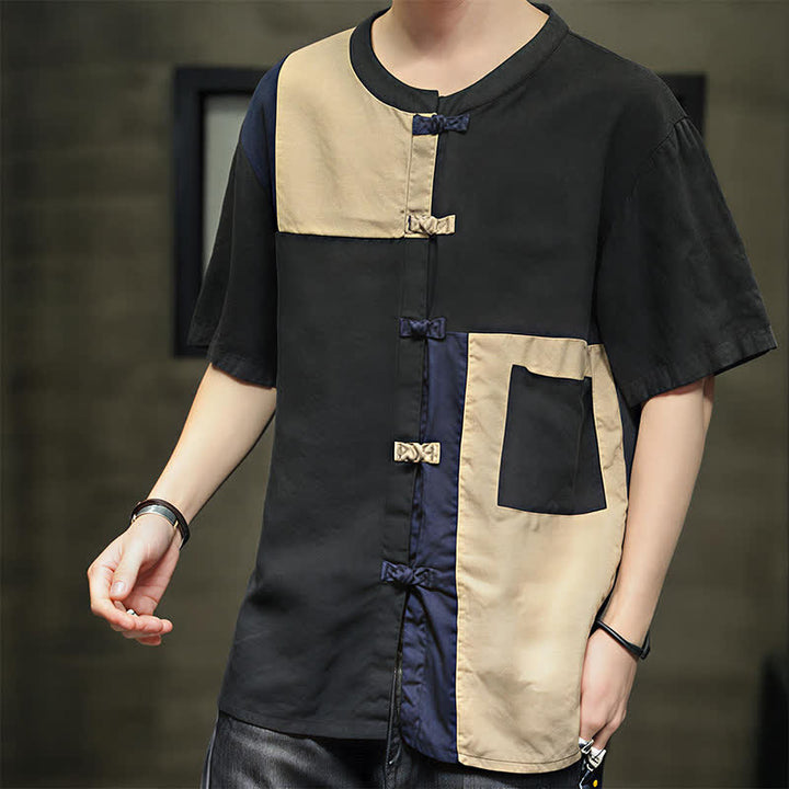 Buddha Stones Summer Vintage Frog Button Patchwork Design Men's Short Sleeve Shirt - image 14