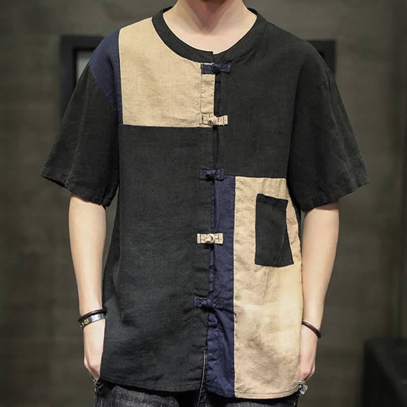 Buddha Stones Summer Vintage Frog Button Patchwork Design Men's Short Sleeve Shirt - image 10