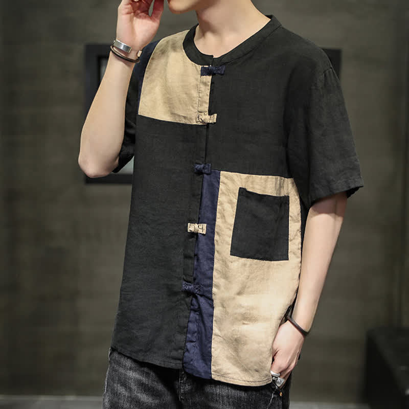 Buddha Stones Summer Vintage Frog Button Patchwork Design Men's Short Sleeve Shirt - image 12