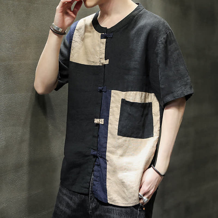 Buddha Stones Summer Vintage Frog Button Patchwork Design Men's Short Sleeve Shirt - image 15