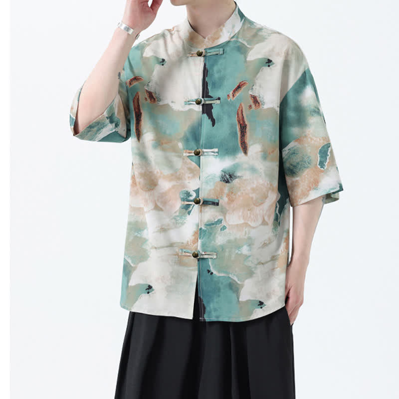 Buddha Stones Summer Tang Style Mandarin Collar Frog Button Watercolor Print Men's Short Sleeve Shirt - image 3