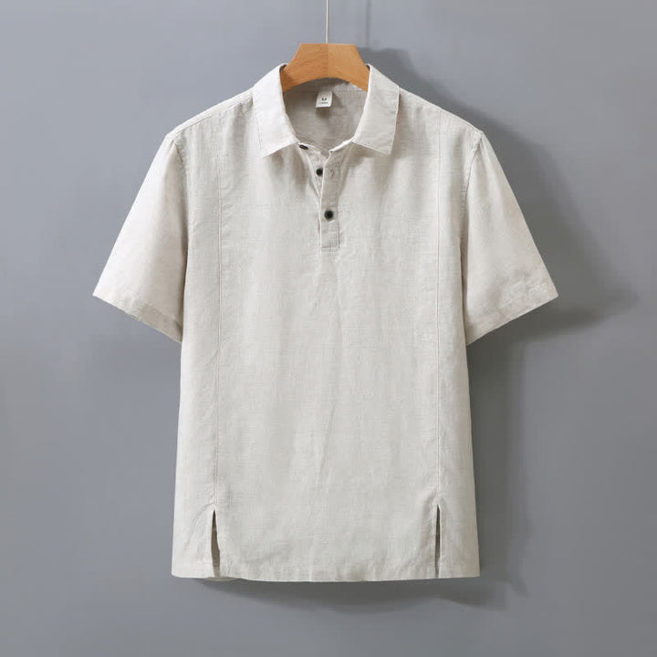 Buddha Stones Summer Minimalist Button-Up Side Slit Solid Linen Men's Short Sleeve Shirt - Linen - US/UK/AU42，EU52 (3XL) - image 0