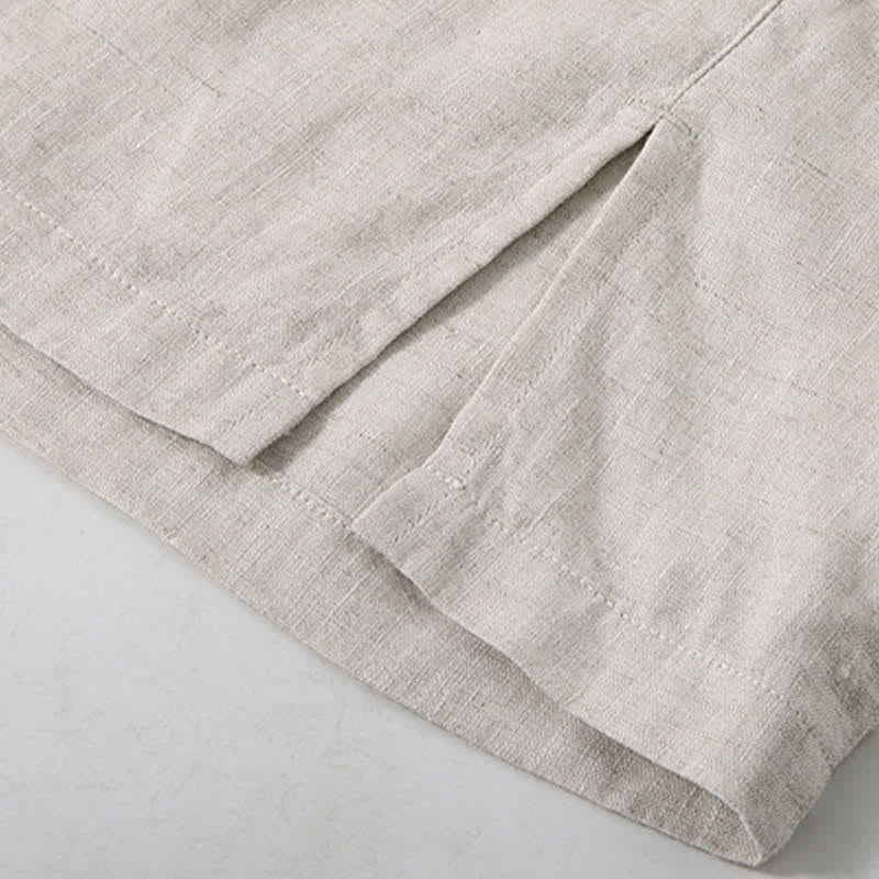 Buddha Stones Summer Minimalist Button-Up Side Slit Solid Linen Men's Short Sleeve Shirt - image 5