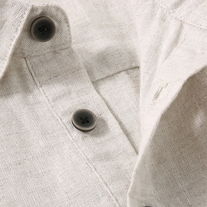 Buddha Stones Summer Minimalist Button-Up Side Slit Solid Linen Men's Short Sleeve Shirt - image 2