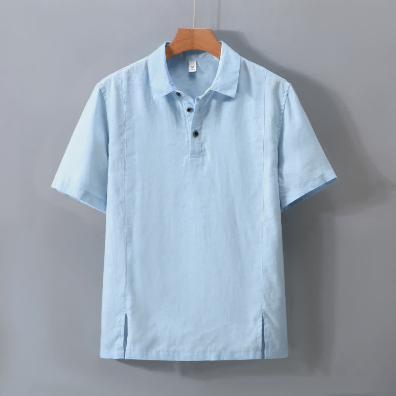 Buddha Stones Summer Minimalist Button-Up Side Slit Solid Linen Men's Short Sleeve Shirt - LightBlue - US/UK/AU42，EU52 (3XL) - image 9