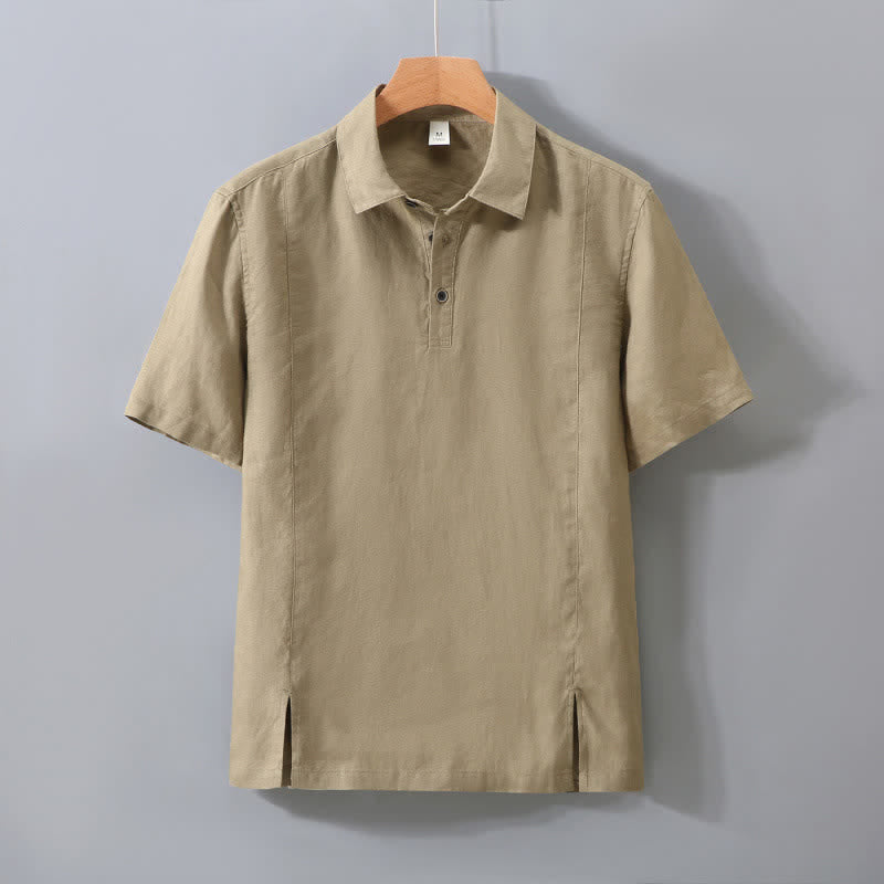 Buddha Stones Summer Minimalist Button-Up Side Slit Solid Linen Men's Short Sleeve Shirt - Tan - US/UK/AU42，EU52 (3XL) - image 11