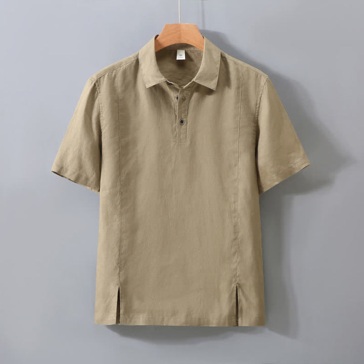 Buddha Stones Summer Minimalist Button-Up Side Slit Solid Linen Men's Short Sleeve Shirt - Tan - US/UK/AU42，EU52 (3XL) - image 11