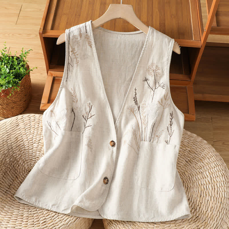 Buddha Stones Summer Embroidery Floral Women's Sleeveless Shirts With Pockets - Beige - US8-10，UK/AU12-14，EU40-42 (2XL) - image 0