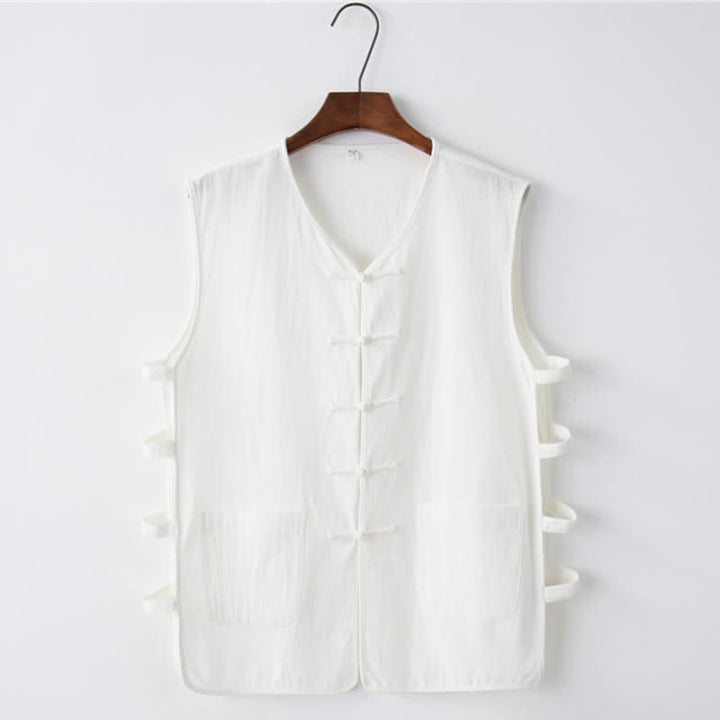 Buddha Stones Summer Tang Style Frog Button Side Slit Hollow Solid Men's Sleeveless Shirts Tank Top With Pockets - White - US/UK/AU46，EU56 (5XL) - image 7