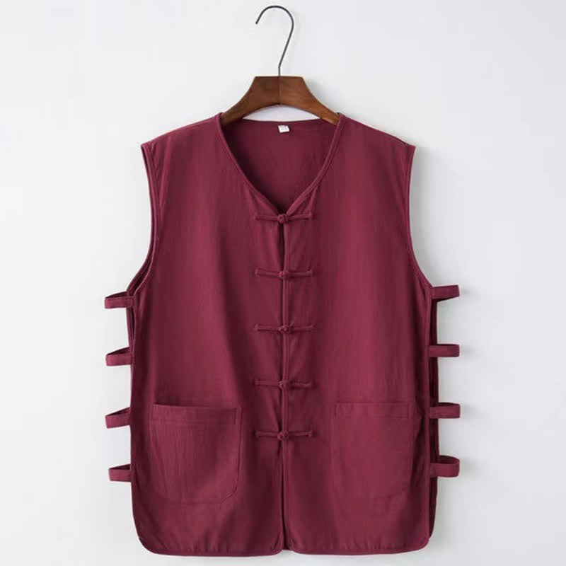 Buddha Stones Summer Tang Style Frog Button Side Slit Hollow Solid Men's Sleeveless Shirts Tank Top With Pockets - Maroon - US/UK/AU46，EU56 (5XL) - image 5