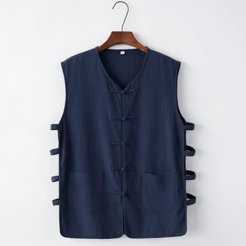 Buddha Stones Summer Tang Style Frog Button Side Slit Hollow Solid Men's Sleeveless Shirts Tank Top With Pockets - Navy - US/UK/AU46，EU56 (5XL) - image 0
