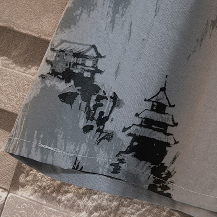 Buddha Stones Summer 2Pcs Mandarin Collar Frog Button Ink Wash Print Short Sleeve Shirt Bermuda Pants Men's Meditation Cloth With Pockets - image 6