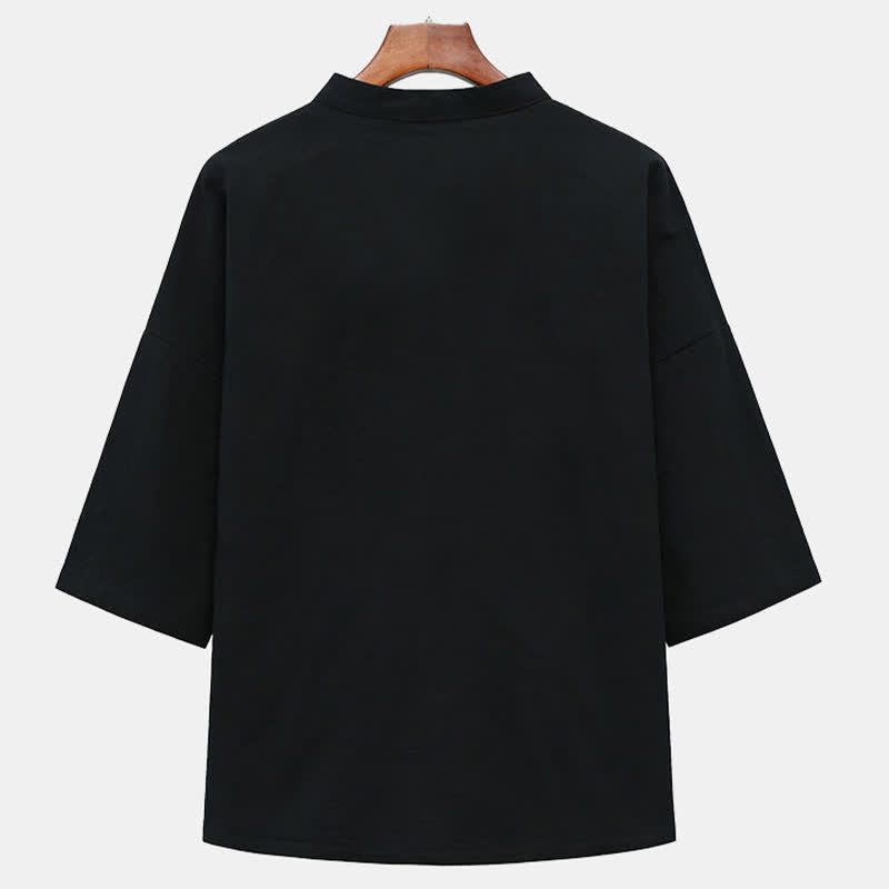 Buddha Stones Summer Tang Style Mandarin Collar Horse Embroidery Frog Button Solid Men's Short Sleeve Shirts With Pockets - image 7