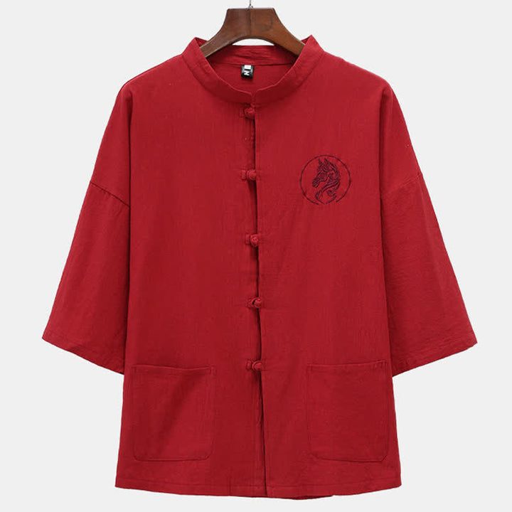 Buddha Stones Summer Tang Style Mandarin Collar Horse Embroidery Frog Button Solid Men's Short Sleeve Shirts With Pockets - FireBrick - US/UK/AU46，EU56 (5XL) - image 2