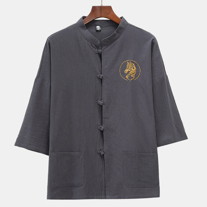Buddha Stones Summer Tang Style Mandarin Collar Horse Embroidery Frog Button Solid Men's Short Sleeve Shirts With Pockets - DimGray - US/UK/AU46，EU56 (5XL) - image 8