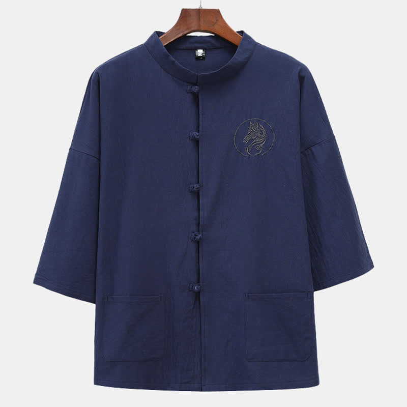 Buddha Stones Summer Tang Style Mandarin Collar Horse Embroidery Frog Button Solid Men's Short Sleeve Shirts With Pockets - Navy - US/UK/AU46，EU56 (5XL) - image 0